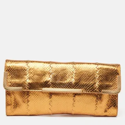 Pre-owned Bottega Veneta Gold Intrecciato Leather Frame Wristlet Clutch