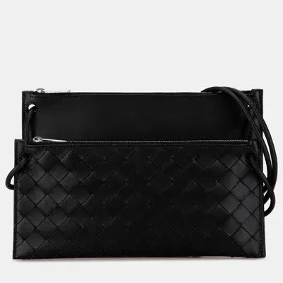 Pre-owned Bottega Veneta Intrecciato Double Pouch Bag In Black