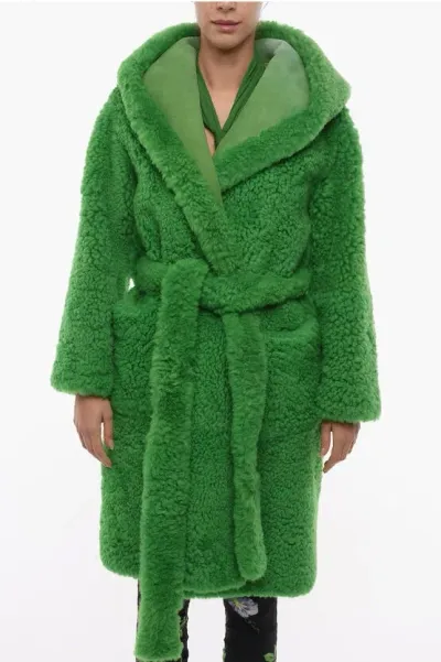 Bottega Veneta Lamb Fur Wrap Coat With Hood In Green