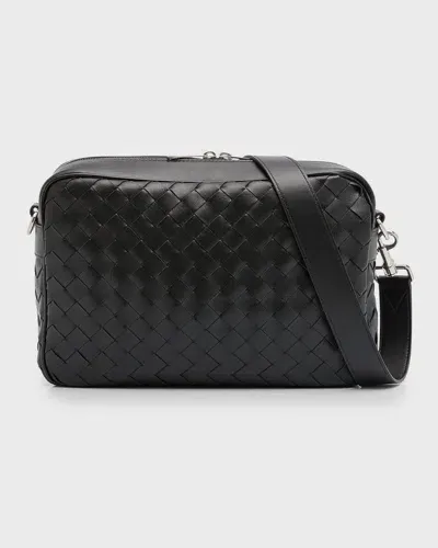 Bottega Veneta Men's Intrecciato Medium Crossbody Bag In Black Silver