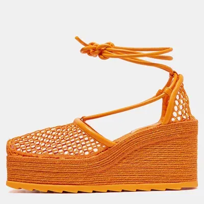 Pre-owned Bottega Veneta Orange Mesh And Leather Wedge Espadrille Ankle Wrap Pumps Size 39