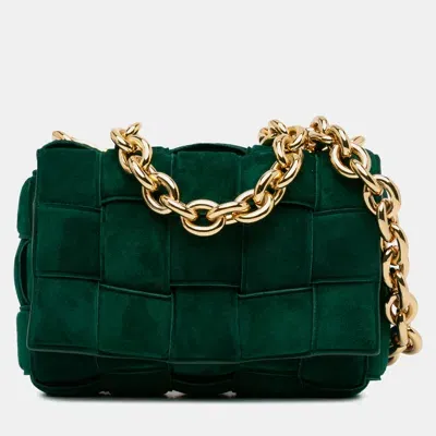 Pre-owned Bottega Veneta Suede Intrecciato Padded Chain Cassette Satchel In Green