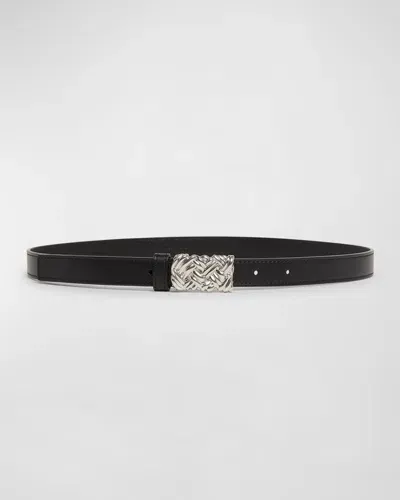 Bottega Veneta Pleat Leather Belt In 8803 Black Silver