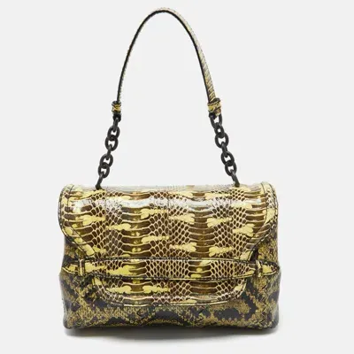 Pre-owned Bottega Veneta Yellow/brown Intrecciato Karung And Watersnake Detail Flap Shoulder Bag