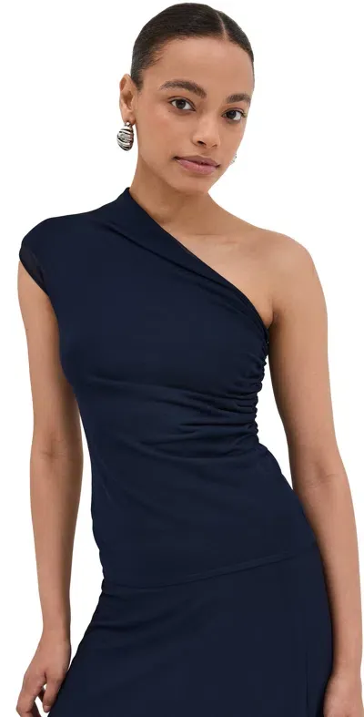 Brandon Maxwell The Leah One Shoulder Sheer Knit Tee Navy