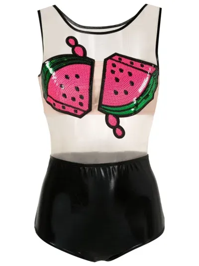 Brigitte Sequined Watermelon-print Swimsuit In Black