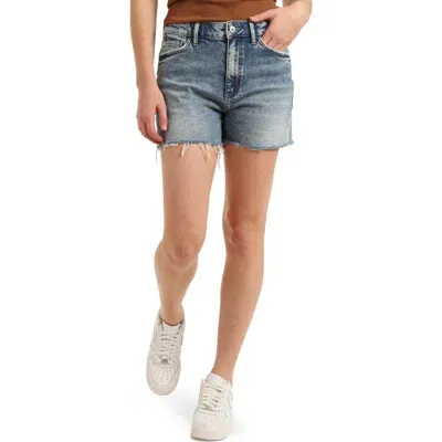 Brooklyn Industries Cypress Frayed High Waist Relaxed Denim Shorts In Mid Denim