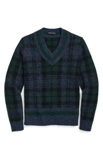 Brooks Brothers Plaid Brushed Wool V-neck Sweater In Navy