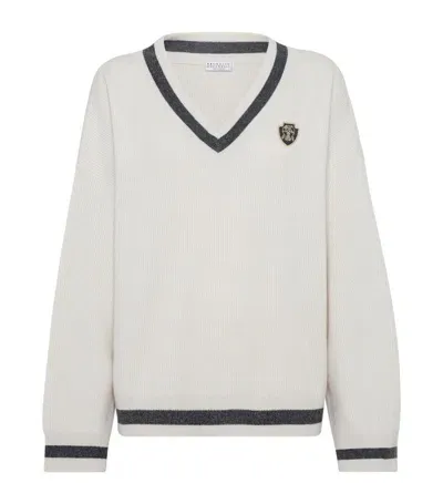 Brunello Cucinelli Cashmere Logo Sweater In Blanco