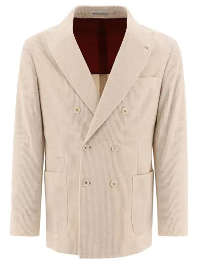 Brunello Cucinelli Corduroy Double-breasted Deconstructed Blazer Jackets In Beige