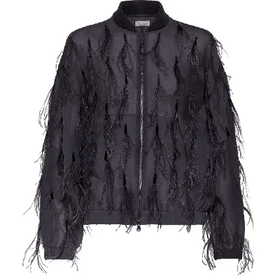 Brunello Cucinelli Crispy Silk Bomber Jacket With Dazzling Feather Embroidery In Grey