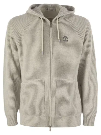 Brunello Cucinelli English Rib Cashmere Knit Hooded Topwear In Light Grey