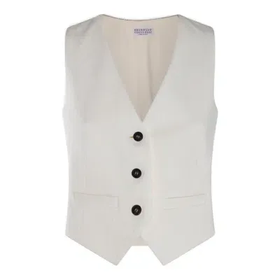 Brunello Cucinelli Herringbone-pattern Button-down Gilet In White