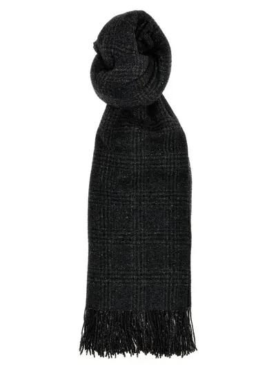 Brunello Cucinelli Checkered Scarf With Fringed Edges And Textured Fabric In Multi