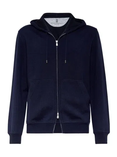 Brunello Cucinelli Drawstring Hood Cashmere Blend Hoodie In Blue