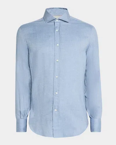 Brunello Cucinelli Men's Herringbone Flannel Sport Shirt In Blue