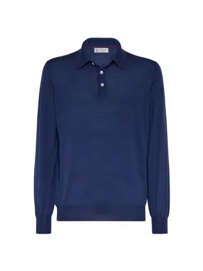 Brunello Cucinelli Men's Virgin Wool And Cashmere Polo Style Lightweight Sweater In Indigo