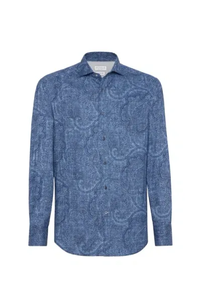 Brunello Cucinelli Cotton Paisley Slim-fit Shirt In Denim