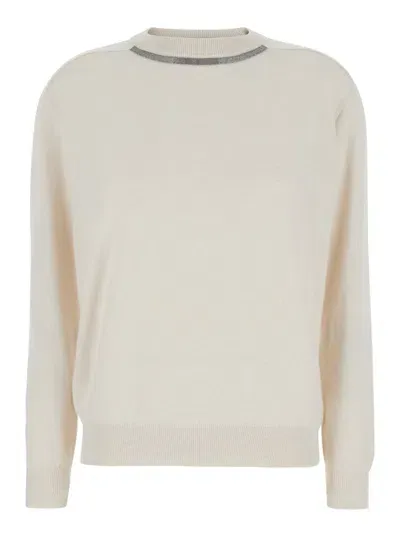 Brunello Cucinelli Beige Crewneck Sweater With Monil Detail On The Neck In Cashmere Woman