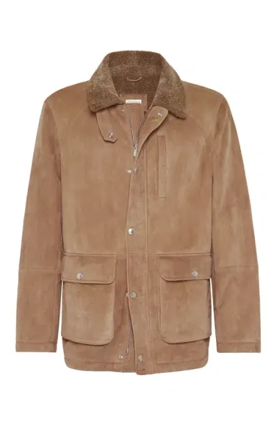 Brunello Cucinelli Shearling-collar Leather Jacket In Beige