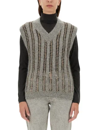 Brunello Cucinelli Wool & Mohair Open Knit Vest In Grey