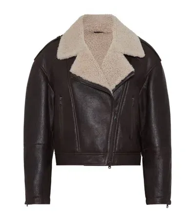 Brunello Cucinelli Waxed Shearling Biker Jacket In Brown