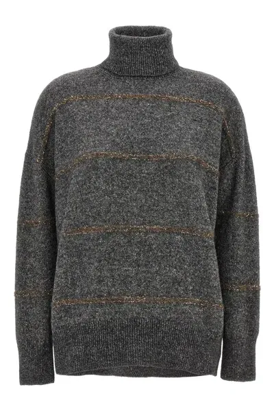 Brunello Cucinelli High Neck Sleeved Sweater In Gray