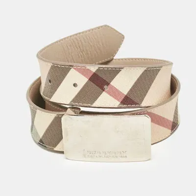 Pre-owned Burberry Beige Nova Check Pvc And Leather Logo Plague Belt 100cm