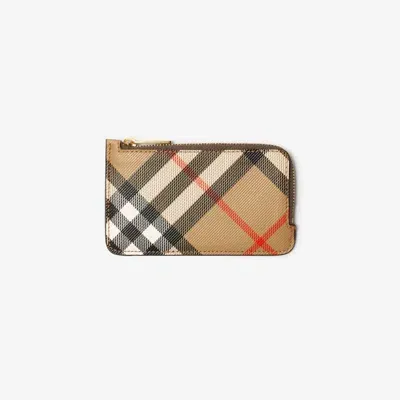 Burberry Beige Zipped Card Case With Check Pattern In Brown