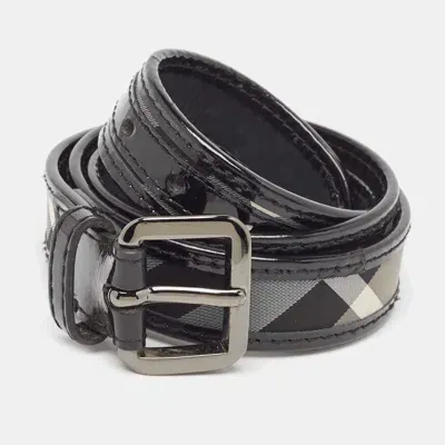 Pre-owned Burberry Black Smoked Check Fabric And Patent Leather Buckle Belt 90cm