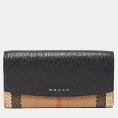 Pre-owned Burberry Black/beige House Check Canvas And Leather Flap Continental Wallet