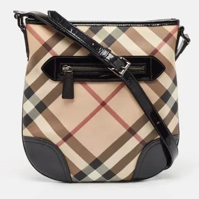 Pre-owned Burberry Black/beige Nova Check Patent Leather And Pvc Dryden Crossbody Bag