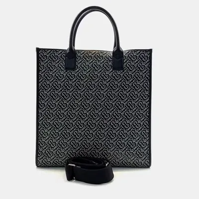 Pre-owned Burberry Black/white Tb Logo Leather Vertical Danny Tote