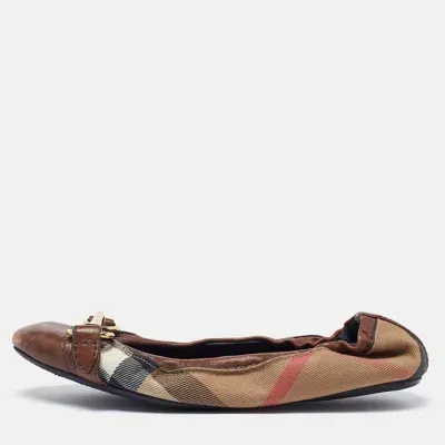 Pre-owned Burberry Brown Nova Check Fabric And Leather Buckle Detail Scrunch Ballet Flats Size 36.5