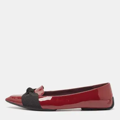 Pre-owned Burberry Burgundy Patent Leather Bow Ballet Flats Size 37.5