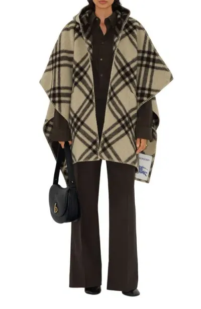 Burberry Catherine Tie Bar Check Hooded Wool Cape In Brown