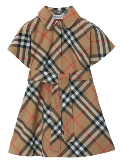 Burberry Babies' Checked Cotton Shirtdress In Brown