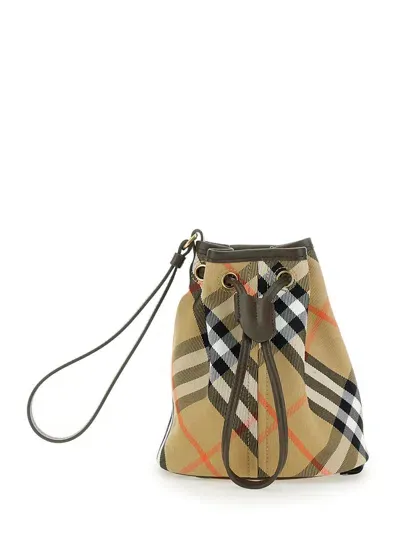 Burberry Check Drawstring Mini Bag In Cream