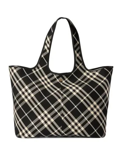 Burberry Woman Embroidered Canvas Medium Check Shopping Bag In Multicolor