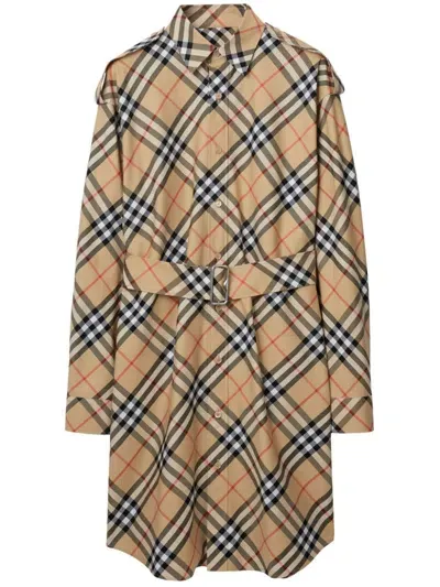 Burberry Check Cotton Shirt Dress In Sand Check