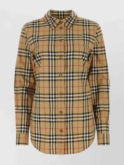 Burberry Check Print Cotton Shirt With Button-down Collar In Neutrals