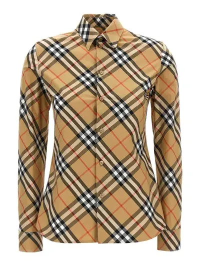 Burberry Beige Shirt With All-over  Check Motif In Cotton Woman In Brown