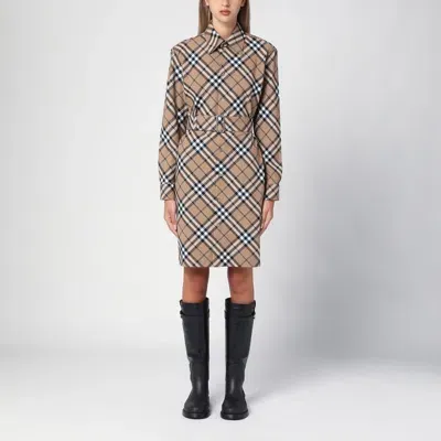 Burberry Check Wool Blend Chemise Dress In Beige