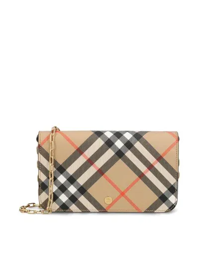 Burberry Checked Folded-top Chain Strap Wallet In Beige