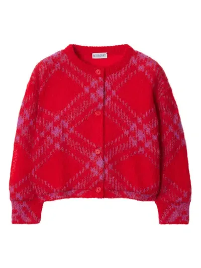 Burberry Kids' Checkered Cardigan In Warm Coral Red