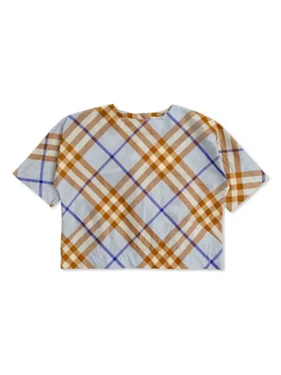 Burberry Kids' Checkered Silk Shirt In A1033 Slate Blue Ip Check