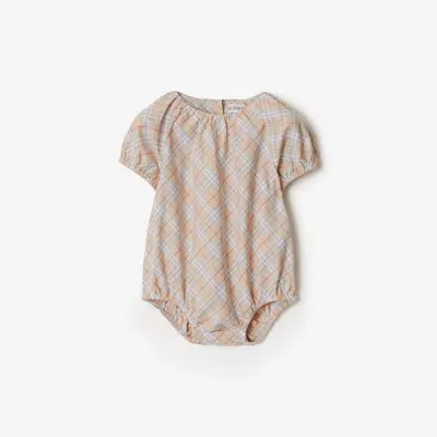 Burberry Childrens Check Cotton Bodysuit In Pale Stone