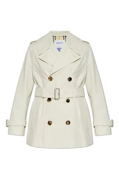 Burberry Double Breasted Belted Short Trench Coat In Beige