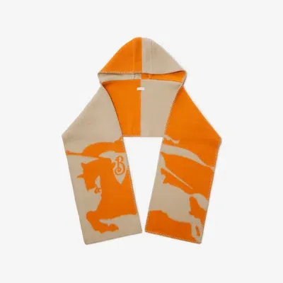 Burberry Ekd Wool Hooded Scarf In Hunter/pumpkin