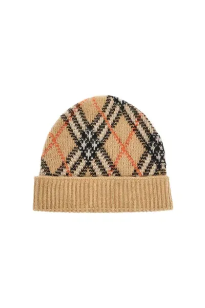 Burberry Ered Cashmere Checkered Beanie In Gray